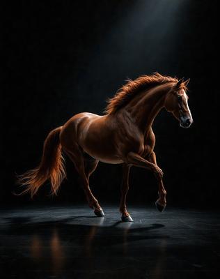 Primary subject: A brown horse with a long mane.

Setting/background: A dark room with a bright light shining on the horse.

Visual style: A black and white photo of the horse.

Colors and mood: The horse is the main focus, and the black and white photo creates a dramatic and timeless atmosphere.