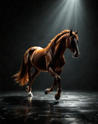 Primary subject: A brown horse with a long mane.

Setting/background: A dark room with a light source shining on the horse.

Visual style: A black and white photo of the horse.

Colors and mood: The image has a monochromatic color scheme, giving it a classic and timeless feel.