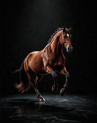 Primary subject: A brown horse with a white face.

Setting/background: A dark room with a black background.

Visual style: A black and white photo.

Colors and mood: The image is in black and white, giving it a classic and timeless feel. The horse's white face stands out against the dark background, creating a striking contrast.