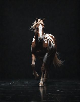 Primary subject: A brown and white spotted horse.

Setting/background: A dark room with a black background.

Visual style: A black and white photo.

Colors and mood: The horse's brown and white spots stand out against the dark background, creating a striking contrast. The overall atmosphere is dramatic and artistic.