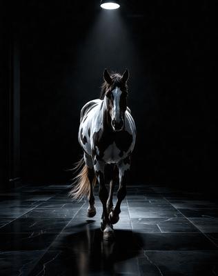 Primary subject: A white and brown spotted horse.

Setting/background: A dark room with a white floor.

Visual style: A photo of the horse.

Colors and mood: The horse has a white and brown spotted pattern, and the overall atmosphere is dark and moody.