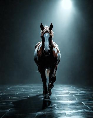 Primary subject: A brown and white horse with a white face.

Setting/background: The horse is walking on a dark, possibly wet, surface.

Visual style: The image is a black and white photo.

Colors and mood: The dominant colors are black, white, and brown. The overall atmosphere is moody and dramatic.