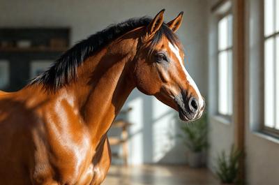 Primary subject: A brown horse with a white face.

Setting/background: The horse is standing in a room with a window in the background.

Visual style: The image is a photo of the horse.

Colors and mood: The horse has a brown coat with a white face, giving it a warm and friendly appearance.