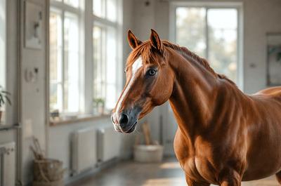 Primary subject: A brown horse with a white stripe on its face.

Setting/background: The horse is standing in a room with a window in the background.

Visual style: The image is a photo of the horse.

Colors and mood: The horse has a brown and white color pattern, and the overall atmosphere is calm and focused.