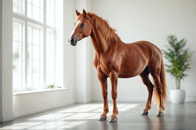 Primary subject: A brown horse standing in a white room.

Setting/background: The horse is standing in a white room, which appears to be a studio or a room with a window.

Visual style: The image is a photo of the horse in the white room.

Colors and mood: The dominant colors are white and brown, creating a calm and serene atmosphere.