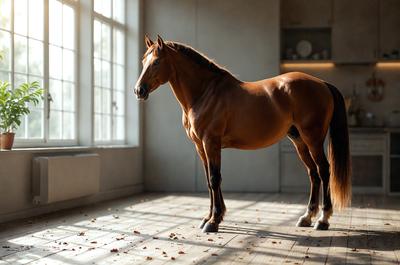 Primary subject: A brown horse standing in a room.

Setting/background: The horse is standing in a room with a window, a sink, and a dining table. The room appears to be a kitchen or a dining area.

Visual style: The image is a photo of the horse in the room.

Colors and mood: The dominant colors in the image are brown and white, with a warm and natural atmosphere.