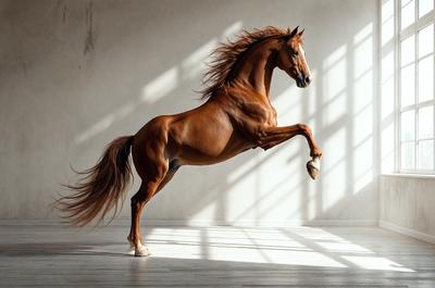 Primary subject: A brown horse with a flowing mane.

Setting/background: A white wall.

Visual style: A photo of the horse.

Colors and mood: The horse has a warm, earthy tone, and the overall atmosphere is dynamic and energetic.