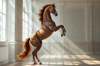 Primary subject: A brown horse with a flowing mane, standing in a white room.

Setting/background: The horse is standing in a white room, which appears to be a large, empty space.

Visual style: The image is a painting, featuring a detailed and realistic representation of the horse.

Colors and mood: The dominant colors in the painting are white and brown, creating a sense of elegance and warmth. The white room adds a sense of purity and simplicity to the scene.