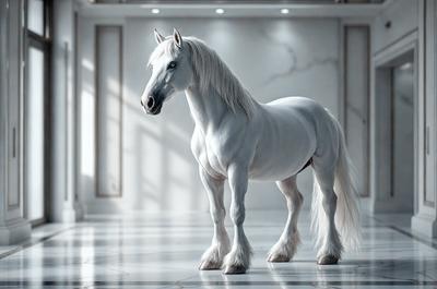 The primary subject of the image is a white horse standing in a white room. The setting is a white room with a white floor, which creates a clean and minimalistic atmosphere. The visual style of the image is a digital art or illustration, as it is a well-crafted and detailed representation of the horse. The colors and mood of the image are predominantly white, giving it a calm and serene appearance.