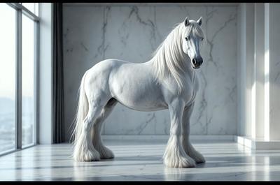 The primary subject of the image is a white horse standing on a marble floor. The horse is positioned in the center of the scene, and its long white mane and tail are flowing gracefully. The setting is a white marble room, which adds a sense of elegance and sophistication to the scene. The visual style of the image is a digital art, creating a realistic and detailed representation of the horse. The colors and mood of the image are predominantly white, giving it a clean and ser
