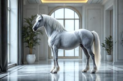 Primary subject: A white horse standing in a room.

Setting/background: The horse is standing in a room with a white marble floor. There are two potted plants in the room, one on the left side and the other on the right side.

Visual style: The image is a digital artwork.

Colors and mood: The room has a clean and elegant atmosphere, with the white horse and white marble floor creating a sense of purity and sophistication.