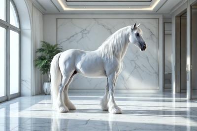 Primary subject: A white horse standing in a room.

Setting/background: The horse is standing on a marble floor, which is part of a large room.

Visual style: The image is a digital artwork, featuring a white horse in a room.

Colors and mood: The image has a predominantly white color scheme, giving it a clean and elegant appearance. The mood of the image is calm and serene, as the horse stands alone in the room.