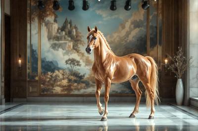 Primary subject: A brown horse standing on a white floor.

Setting/background: The horse is standing in front of a painting, which serves as the backdrop for the scene.

Visual style: The image is a photo of the horse and the painting.

Colors and mood: The horse is brown, and the painting adds a touch of color to the scene. The overall atmosphere is calm and serene.