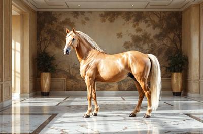 Primary subject: A brown horse standing in a room.

Setting/background: The horse is standing in a room with a white wall and a large painting behind it.

Visual style: The image is a photo of the horse.

Colors and mood: The horse is brown, and the overall atmosphere is calm and serene.