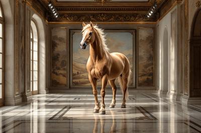 Primary subject: A brown horse standing in a room.

Setting/background: The horse is standing in a room with a large painting on the wall. The room appears to be a museum or a gallery.

Visual style: The image is a digital art or illustration of the horse.

Colors and mood: The dominant colors are brown and white, with a warm and inviting atmosphere.