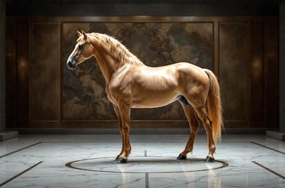 Primary subject: A brown horse standing in a room.

Setting/background: The horse is standing in front of a wall with a painting on it.

Visual style: The image is a digital art of a horse.

Colors and mood: The horse is brown, and the overall atmosphere is calm and serene.