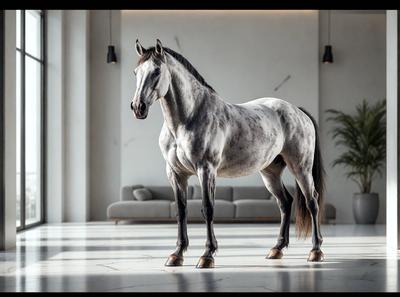 Primary subject: A horse standing in a room.

Setting/background: The horse is standing in a room with a couch and a potted plant.

Visual style: The image is a digital art or illustration.

Colors and mood: The image has a grayscale color scheme, giving it a calm and serene atmosphere.