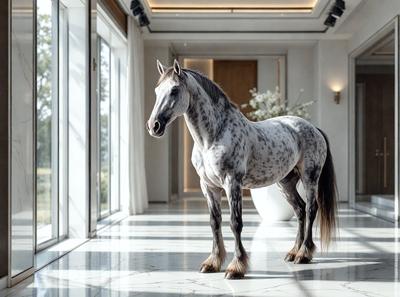 The primary subject of the image is a white horse standing in a hallway. The horse is positioned in the center of the scene, and it appears to be looking at the camera. The setting is a hallway with a doorway visible in the background. The visual style of the image is a photo, and the colors are predominantly white, giving the scene a clean and elegant appearance.