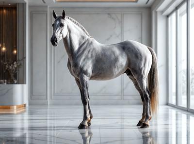 Primary subject: A white horse standing in a room.

Setting/background: The horse is standing in a room with a white marble floor.

Visual style: The image is a digital art or illustration of a horse.

Colors and mood: The image has a white and gray color scheme, giving it a clean and minimalist appearance.