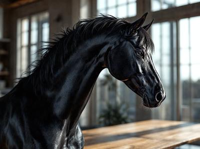 The primary subject of the image is a black horse standing in a room. The horse is positioned in front of a window, and there is a potted plant nearby. The setting appears to be a room with a wooden table, and the visual style is a photo. The dominant colors in the image are black and white, creating a moody atmosphere.