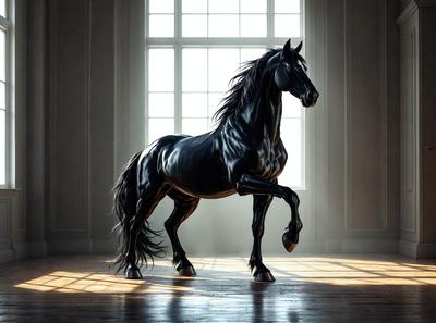 Primary subject: A black horse standing in a room.

Setting/background: The horse is standing in a room with a window in the background.

Visual style: The image is a digital art or illustration of a horse.

Colors and mood: The horse is black, and the overall atmosphere is calm and serene.