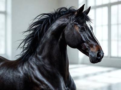 Primary subject: A black horse with a flowing mane.

Setting/background: The horse is standing in a room with a window in the background.

Visual style: The image is a photo of the horse.

Colors and mood: The horse has a dark color, and the overall atmosphere is calm and serene.