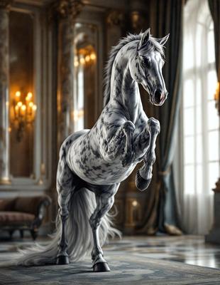 The primary subject of the image is a white horse with a spotted pattern, standing in a room with a marble floor. The setting appears to be a palace or a grand hall, as indicated by the presence of a couch and a chair in the background. The visual style of the image is digital art, as it is a highly detailed and realistic representation of the horse. The colors and mood of the image are elegant and sophisticated, with the white horse and the marble floor creating a sense of luxury and