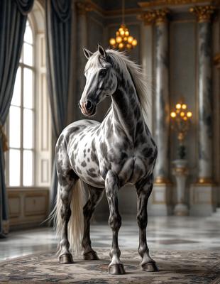 The primary subject of the image is a beautifully drawn horse standing in a room with a white and black color scheme. The horse is positioned in the center of the room, and the setting includes a window and a chair. The visual style of the image is a combination of photo and digital art, creating a realistic and detailed representation of the horse. The colors and mood of the image are predominantly white and black, giving it a clean and elegant appearance.