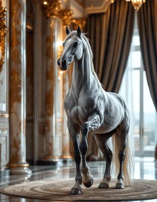 The primary subject of the image is a white horse standing in a large, ornate room. The setting includes a marble floor and a grand entrance with a curtain. The visual style of the image is a photo, capturing the horse in its natural environment. The colors and mood of the image are predominantly white, giving it a clean and elegant appearance.