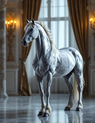 The primary subject of the image is a white horse standing in a room with a white curtain. The horse appears to be the main focus of the image, and it is positioned in the center of the scene. The setting is indoors, with the horse standing on a white floor. The visual style of the image is digital art, as it is a well-rendered and detailed representation of the horse. The colors in the image are predominantly white, giving the scene a clean and elegant atmosphere.