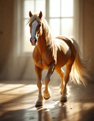 The primary subject of the image is a brown horse with a blonde mane, standing in a room with a window. The horse appears to be walking or running, possibly in a sunlit area. The setting includes a wooden floor, which adds to the overall atmosphere of the scene. The visual style of the image is a combination of photo and digital art, creating a realistic yet artistic representation of the horse. The colors and mood of the image are warm and inviting, with the horse's brown and blonde mane