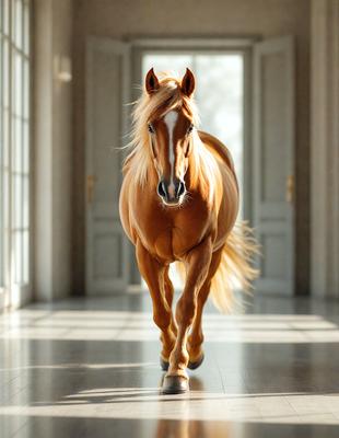 Primary subject: A brown horse with a blonde mane walking through a doorway.

Setting/background: The horse is walking through a doorway, which is part of a building. The background is blurred, indicating that the focus is on the horse.

Visual style: The image is a photo of the horse walking through the doorway.

Colors and mood: The horse has a blonde mane, and the overall atmosphere of the image is calm and serene.