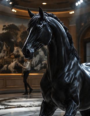 The primary subject of the image is a black horse standing in a room. The setting appears to be a museum, as there is a painting in the background. The visual style of the image is a combination of photo and digital art, creating a realistic yet artistic representation of the horse. The dominant colors in the image are black and white, giving the scene a classic and timeless feel.