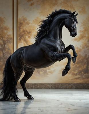 The primary subject of the image is a black horse with a flowing mane, standing in a room with a white wall. The horse appears to be galloping, creating a dynamic and energetic scene. The setting is indoors, with the horse being the main focus of the image. The visual style is a realistic representation of the horse, capturing its movement and grace. The colors in the image are predominantly black and white, with the white wall providing a clean and minimalist backdrop. The overall atmosphere