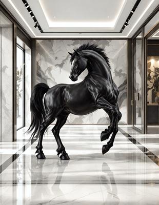 The primary subject of the image is a black horse standing in a large, marble-floored room. The setting appears to be a hallway or a lobby, with a wall featuring a mosaic design. The visual style of the image is a combination of photo and digital art, creating a realistic yet artistic representation of the horse. The colors in the image are predominantly black and white, giving the scene a classic and elegant atmosphere.