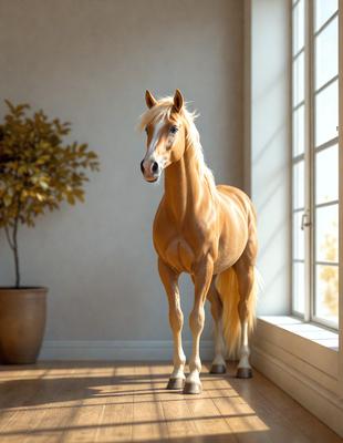 Primary subject: A brown horse standing in a room.

Setting/background: The horse is standing in front of a window, with a potted plant nearby. The room appears to be a living space.

Visual style: The image is a photo of the horse in the room.

Colors and mood: The horse is the main focus of the image, and its brown color adds warmth to the scene. The overall atmosphere is calm and serene.
