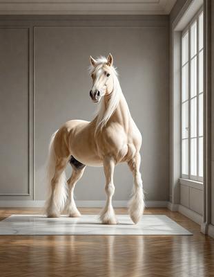 Primary subject: A white horse standing in a room.

Setting/background: The horse is standing in a room with a white carpet.

Visual style: The image is a digital art or illustration of a white horse.

Colors and mood: The image has a predominantly white color scheme, giving it a clean and serene atmosphere.