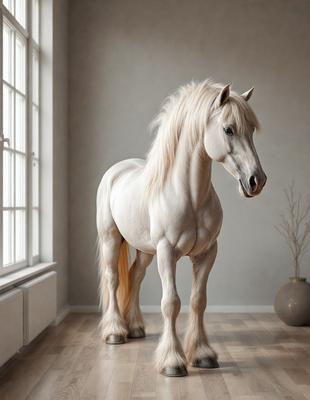 The primary subject of the image is a white horse standing in a room. The horse is positioned in the center of the room, and it appears to be looking at the camera. The setting is a room with a window, and the visual style is a realistic representation of the horse. The colors in the image are predominantly white, giving the scene a clean and serene atmosphere.