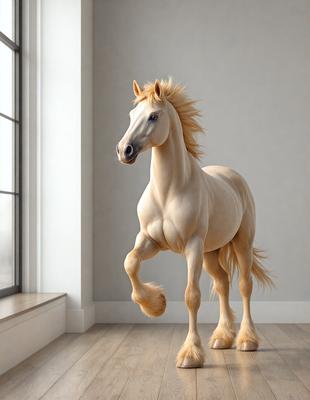 The primary subject of the image is a horse standing in a room. The horse is positioned in the center of the room, and it appears to be walking or running. The setting is a room with a window, and the visual style is a realistic representation of the horse. The colors in the image are predominantly white, which gives the scene a clean and bright atmosphere.