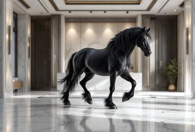 The primary subject of the image is a black horse walking on a marble floor. The setting is a large, well-lit room with a white marble floor. The visual style is a digital art or illustration, creating a realistic and detailed representation of the horse. The colors and mood of the image are predominantly black and white, giving it a classic and elegant appearance.