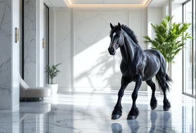 The primary subject of the image is a horse standing in a large, open room. The horse is positioned in the center of the room, and it appears to be the main focus of the image. The setting is a spacious area with a marble floor, and the visual style is a combination of photo and digital art. The colors in the image are predominantly white and gray, giving the scene a clean and modern appearance.