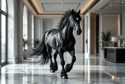 The primary subject of the image is a black horse walking down a hallway. The setting is a hallway with a marble floor, and the visual style appears to be a photo. The horse is the main focus of the image, and its presence creates a sense of movement and elegance. The colors in the image are predominantly black and white, which adds to the overall mood and atmosphere of the scene.