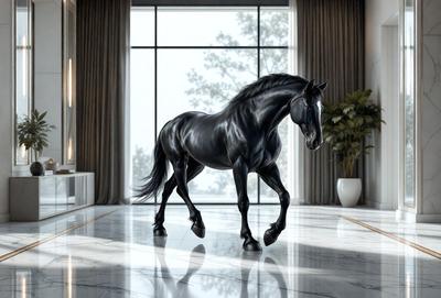 The primary subject of the image is a black horse walking across a marble floor. The setting is a room with a large window, and the visual style appears to be a digital art or illustration. The colors in the image are predominantly black and white, giving the scene a classic and elegant atmosphere.