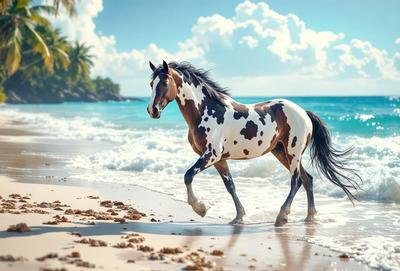 Primary subject: A brown and white spotted horse walking on the beach.

Setting/background: The beach is the main environment, with the ocean in the background.

Visual style: The image is a digital art or illustration of the horse walking on the beach.

Colors and mood: The dominant colors are brown, white, and blue, creating a serene and peaceful atmosphere.