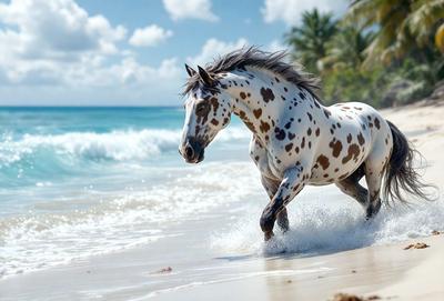 Primary subject: A white and brown spotted horse running on the beach.

Setting/background: The beach, with waves crashing on the shore.

Visual style: The image is a photo of the horse running on the beach.

Colors and mood: The horse is predominantly white with brown spots, and the overall atmosphere is energetic and lively.