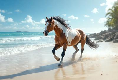 Primary subject: A brown and white horse running on the beach.

Setting/background: The beach, with the ocean in the background.

Visual style: The image is a digital art or illustration of the horse running on the beach.

Colors and mood: The image has a warm and vibrant color palette, with the brown and white horse standing out against the beach backdrop.