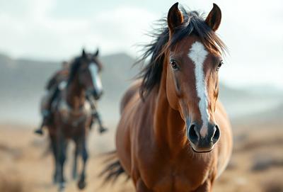 The primary subject of the image is a brown horse with a white face, running through a field. The setting is a dirt field with a mountain in the background. The visual style is a photo, capturing the horse in motion. The colors and mood of the image are warm and dynamic, with the horse's movement and the natural environment creating a sense of energy and freedom.