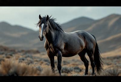 Primary subject: A horse standing in a field.

Setting/background: The horse is standing in a field with mountains in the background.

Visual style: The image is a photo of the horse in the field.

Colors and mood: The image has a sepia tone, giving it a warm and nostalgic atmosphere.