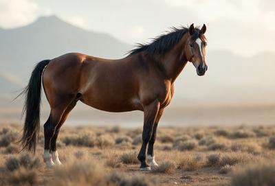 Primary subject: A brown horse with a white stripe on its face.

Setting/background: A dry grass field with mountains in the background.

Visual style: A photo of the horse in the field.

Colors and mood: The horse has a brown body with a white stripe on its face, and the dry grass field has a brown and yellow color palette, creating a somewhat desolate and natural atmosphere.
