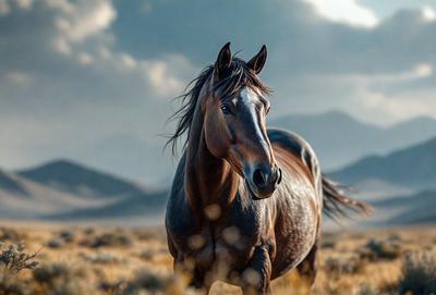 Primary subject: A brown horse with a flowing mane.

Setting/background: A mountainous landscape with a cloudy sky.

Visual style: A photo of the horse in the wild.

Colors and mood: The image has a sepia tone, giving it a warm and nostalgic feel.